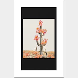 Cactus in desert with flowers Posters and Art